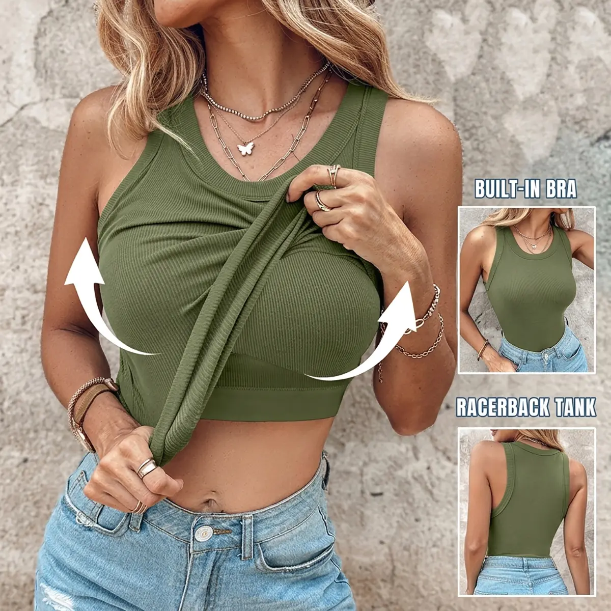 CHICME Built-in Bra Tank Top Ribbed Racerback Tops Women Going Out Tops Everyday Basic Tanks Padded Tops