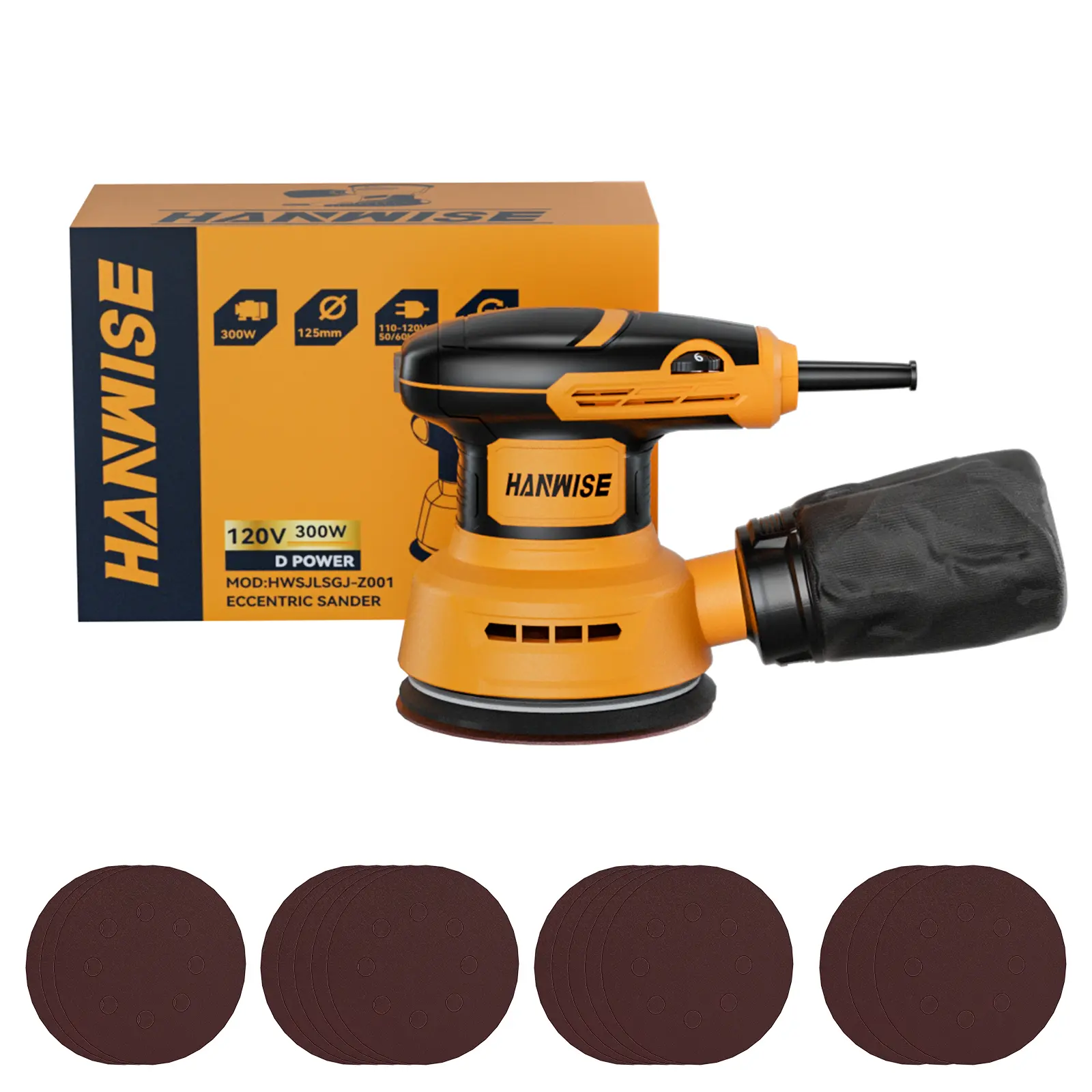 5-Inch Random Orbit Electric Sander, 6-Speed Variable Speed Power Tool with Dust Collection Bag, Sanding Discs for Wood Polishing