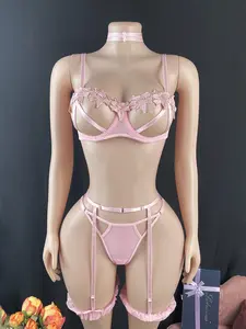 Women's Sexy Lingerie Set with Steel Ring, Thong, Neck Ring, Garter Belt, Stocking Tie, Lace Quality, Comfortable Female Underwear