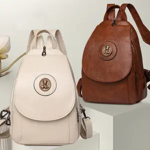 Women's Simple Retro PU Soft Leather Backpack Classic Trend Multi-Pocket Chest Bag Casual Daily Versatile Crossbody Bag