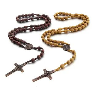 Hand-made Wooden Bead Necklaces Catholic Rosary Cross Pendant Long Chain Jewelry