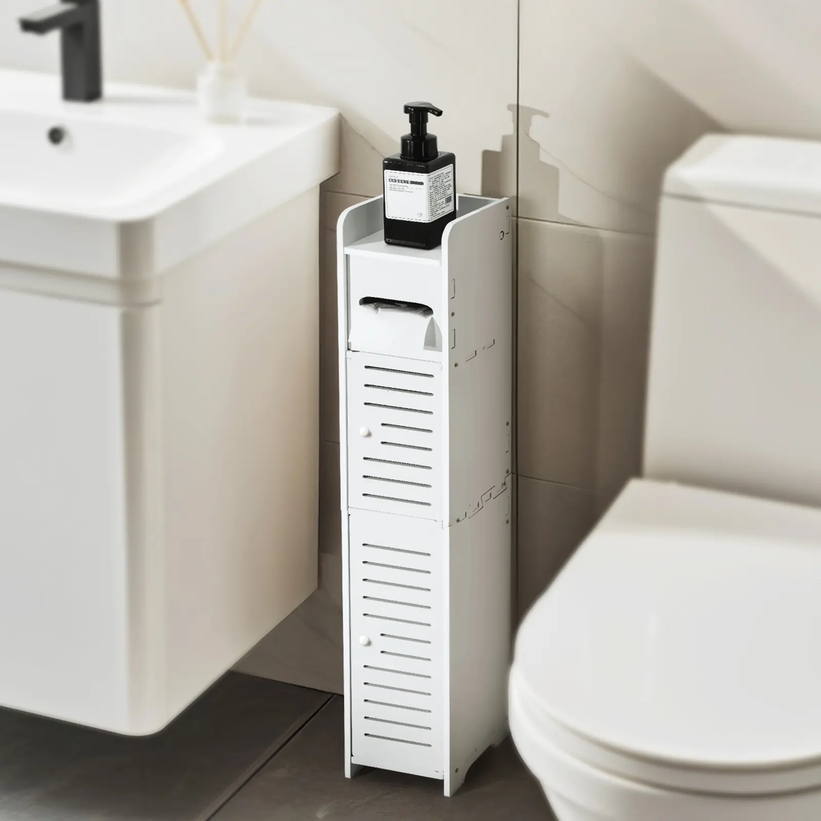 Small Bathroom Storage Cabinet, Slim & Crafed PVC Organizer, Ideal for Tight Spaces, Easy to Assemble & Durable, Multi-purpose Toilet Paper Holder Cabinet for Bathroom, Bedroom & Living Room