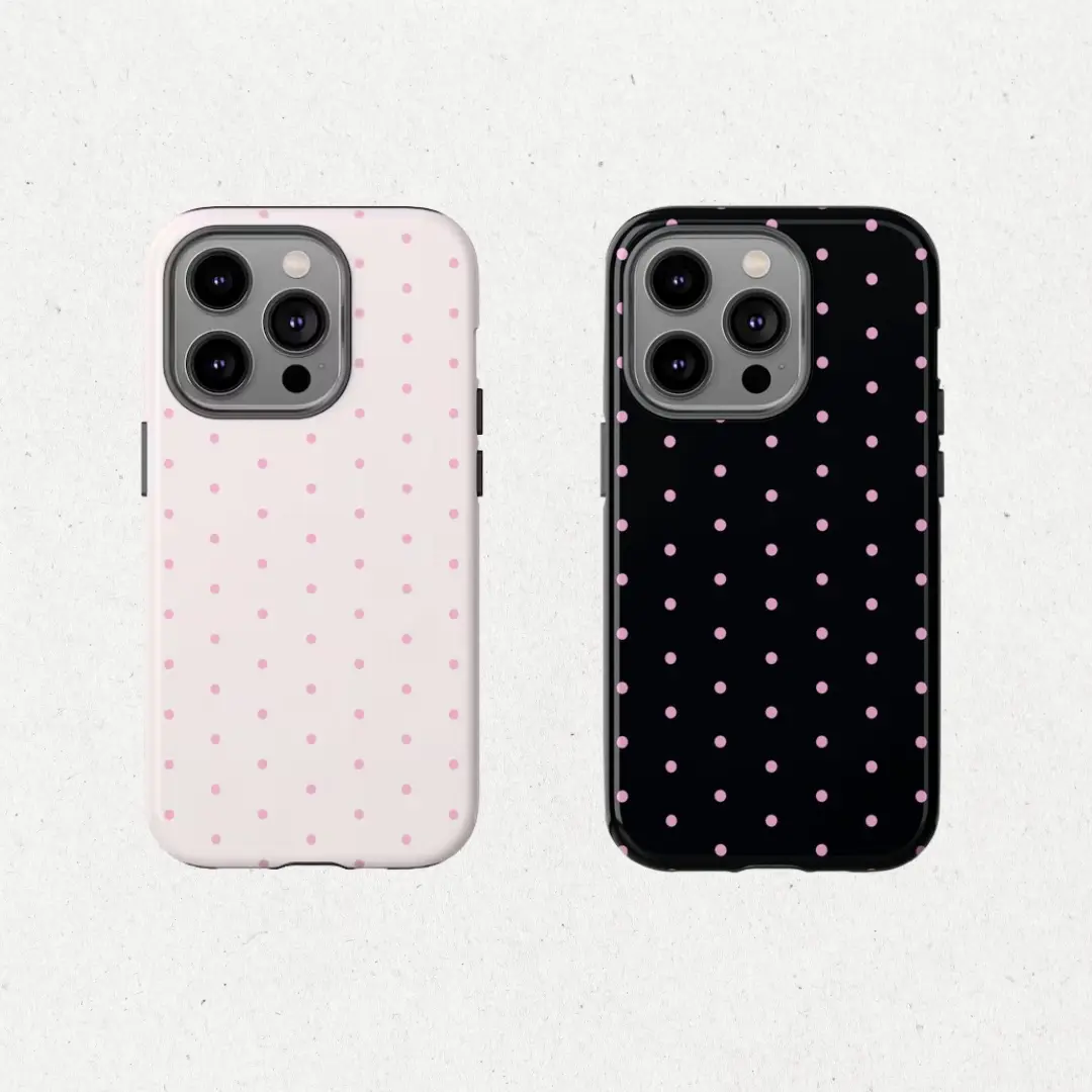 Pink polka dot iPhone case, pink, black, suitable for Compatible with iPhone 17 16 15 14 13 12 11 Pro Max X XS and Samsung Galaxy S21–S25 Plus Ultra Premium phone case |   Shockproof protective phone case |   Smart phone case