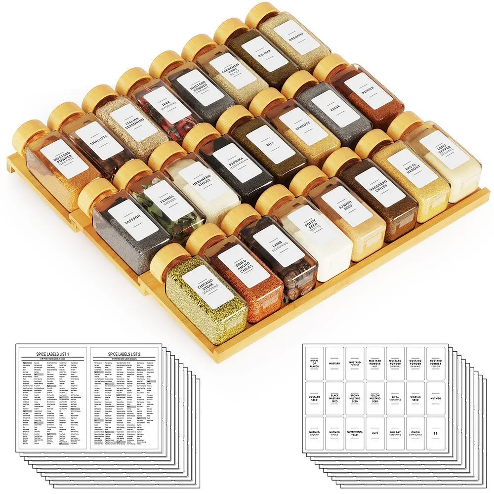 SpaceAid® Bamboo Spice Drawer Organizer Compact Spice Rack for Kitchen Drawer with 24 Spice Jars