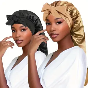 Silk 2pcs Long Hair Bonnets for Sleeping - High-Quality Satin Material with Soft Feel for Comfortable Sleepwear Haircare Black+ Pink Heatless