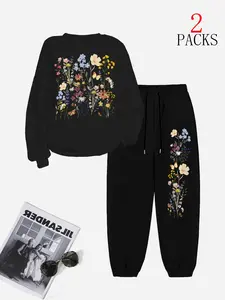 Women's Floral Pullover Sweatshirt & Warm Pants Set, Fashion Vintage Camping Party, Perfect Gift for Friends and Mom