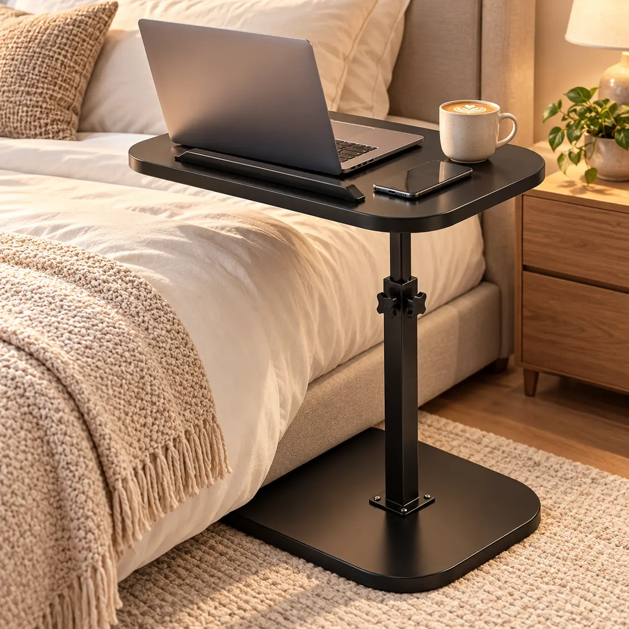 Adjustable Height Side Table with 360° Rotating Top, Compact Laptop Table for Couch, Bedside, Living Room and Small Spaces, Black or Walnut-Look