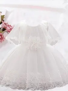 Toddler Girl's Floral Appliques Bow Decor Tulle Overlay Dress, Cute Romantic Zipper Back Party Dress for Wedding Flower Girl, Kids Clothes for All Seasons