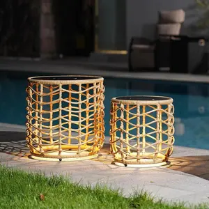 GRAND PATIO Wave Outdoor Nesting Tables Built-in Solar Lights Set of 2, Weather-Resistant Wicker, Boho Style for Patio and Porch, Natural Home Garden Exterior