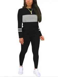 Two-piece Set Women's Colorblock Round Neck Tee & Plain Skinny Pants, Casual Long Sleeve Fitted T-shirt & Trousers for Fall & Winter, Women's Clothes for Daily Wear, Outfit, Womenswear
