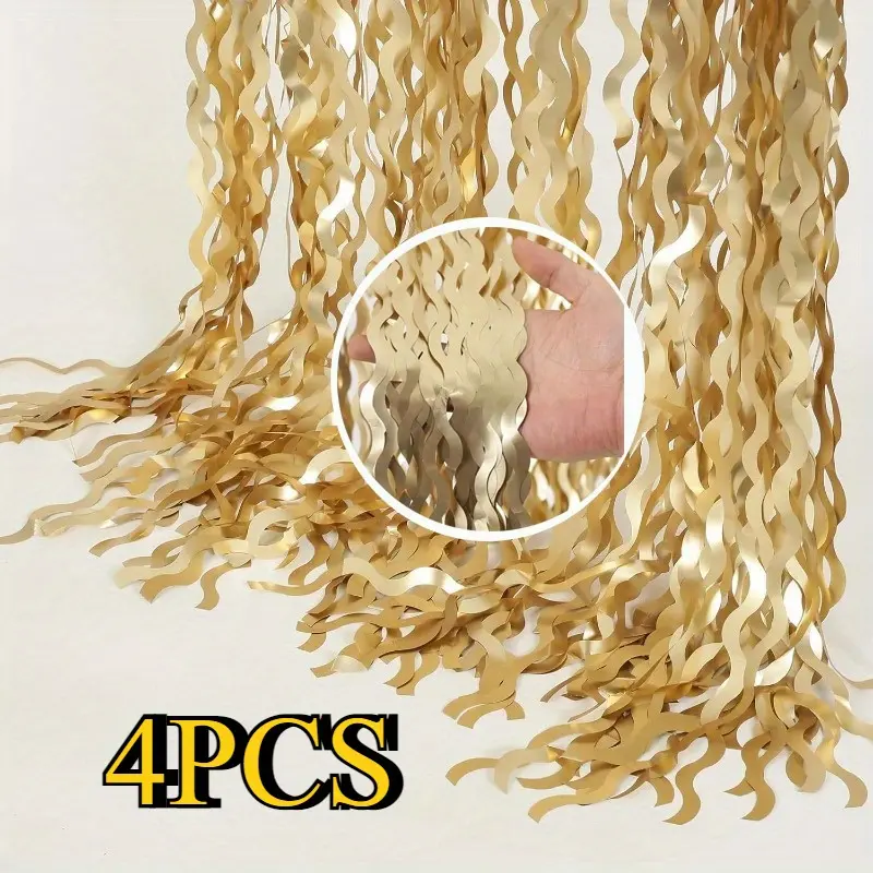 4 Pcs Gold Aluminum Foil Wavy Fringe Curtains (3.3x6.6 FT Shiny Metal Champagne, Double-Tape) - Party Wedding Photo Booth Backdrop Props, Home Improvement Building Supplies Wallpaper & Wall Trim Decor, Birthday