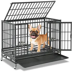 37 inch Stackable Heavy Duty Dog Crate, Indestructible Escape Proof Dogs Cage Kennel with Lockable Wheels, Removable Tray & Metal Grid, Double Doors for High Anxiety Medium/Small Dogs