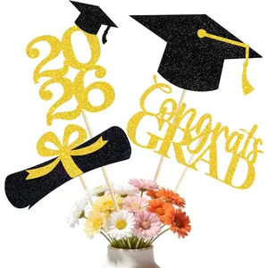 Graduation Decorations 2026, 16pcs Graduation Centerpieces for Table, Gold and Black Graduation Table Centerpieces Toppers, Class of 2026 Graduation Party Decorations Double Sided