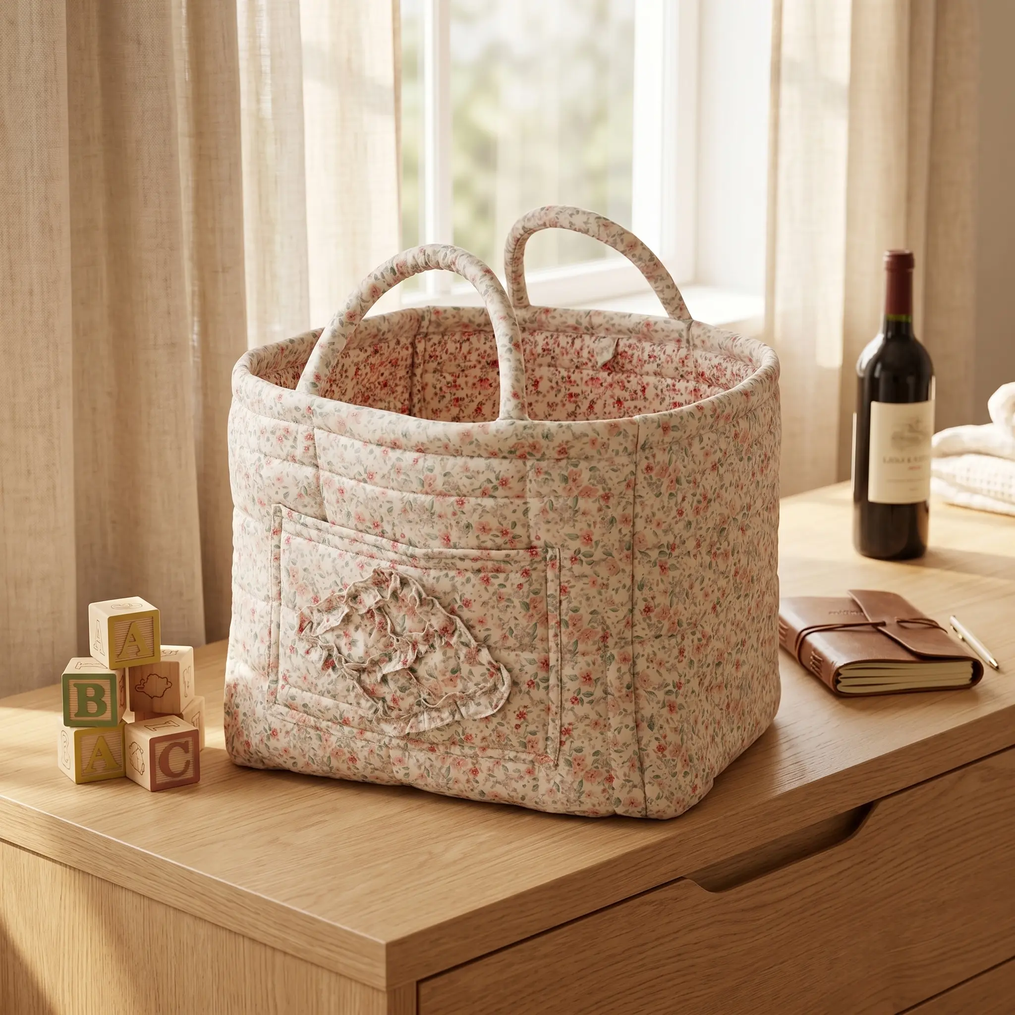 Cotton Floral Hamper Basket - Large Capacity Quilted Fabric Home Organizer with Ample Space, Foldable, Machine Washable Woven Design for Clothes, Bathroom Daily Use Item, Mother's Day Gift 2026, Home Supplies