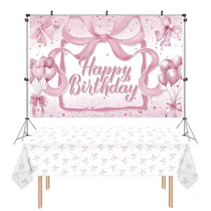 Pink Bow Party Decorations, Bow Themed Birthday Party Backdrop And Tablecloth Set, 54x108 Inch Tablecloth with 43x71 Inch Photo Background  for Party Supplies