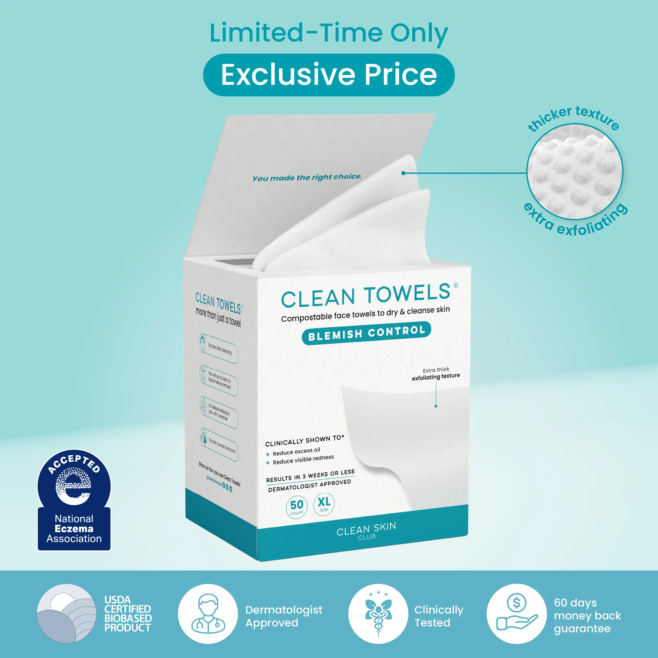 Clean Skin Club Blemish Control Clean Towels® XL, Compostable Face Towels, Light Exfoliation for Oily Skin, Eczema Association Accepted Disposable Face Towelette, Makeup Remover Dry Wipes, 50 count