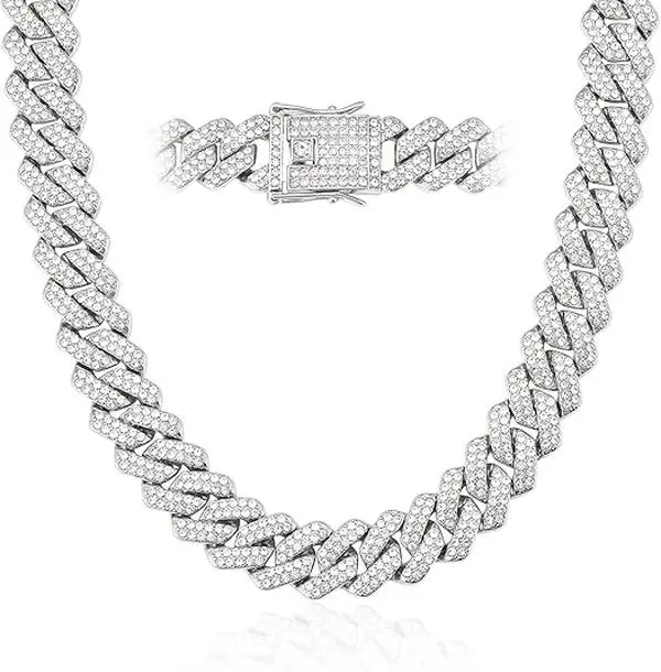Men's 14mm Sparkling Rhinestone Iced Out Miami Cuban Link Chain Necklace, Silver Hip Hop Costume Jewelry, Cuban Necklaces for Daily Wear, Gift for Him