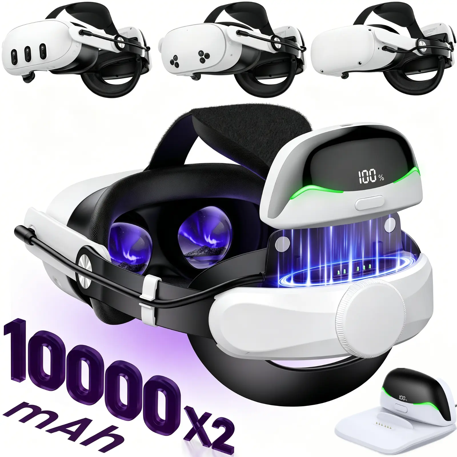 Virtual Durable VR Battery Head Strap for Meta Quest Series (3S-3-Meta Quest 2), Magnetic Power Bank Hot-Swappable 2X 10000mAh, 6-8H Game Playtime, Adjustable Knobs, Memory Foam Cotton BackPad, Reduces Head Pressure, Cable-Free Convenience