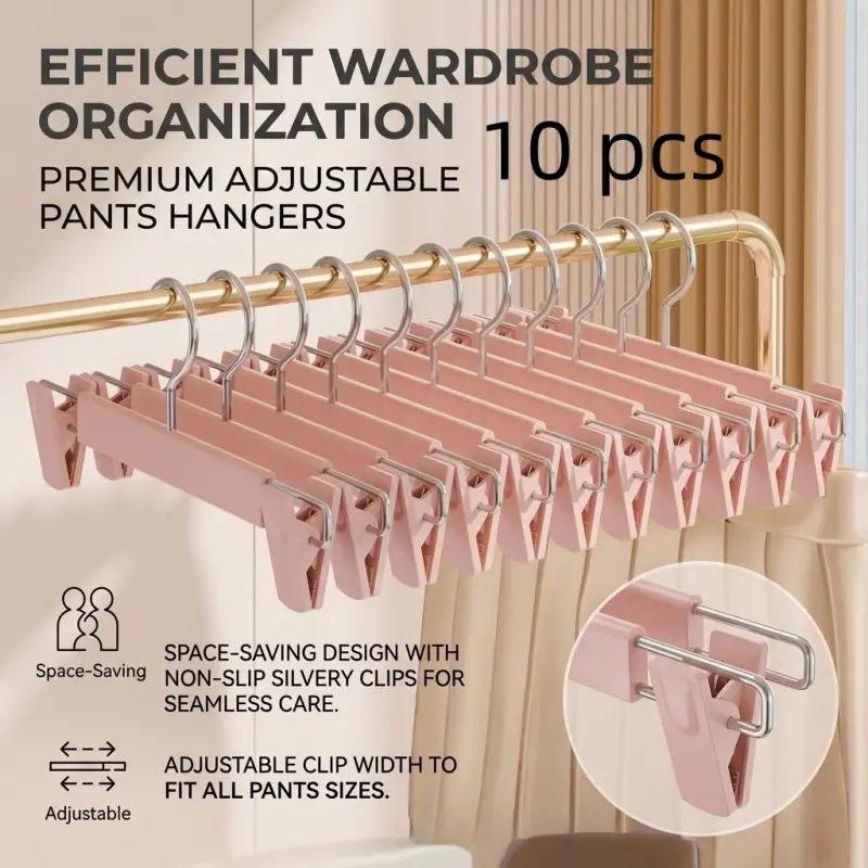10pcs Adjustable Pants Hangers with Non-Slip Clips, Space-Saving Skirt & Trouser Hangers, Closet Organizer Hangers for Closet Organization, Heavy-Duty & Slim Design