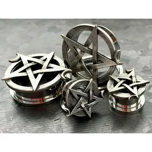 PAIR of Unique Pentagram with Two Crescent Moons Screw Fit Tunnels/Plugs - Gauges 0g (8mm) thru 1" (25mm)