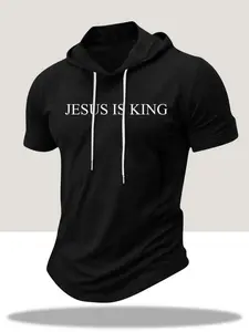 Men's "JESUS IS KING" Geometric Short Sleeve Hooded Menswear T-Shirt, Christian Faith Workout Tee, Slim Fit Casual Hoodie Top for Gym, Fitness, Daily Wear, Religious Gift #tiktokmademebuyit