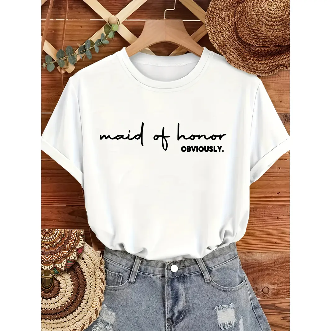 Women's Comfy Cotton Short-Sleeve Round Neck Graphic Tee - Maid Of Honor Bachelorette Party Piece, Stylish Everyday Fit, Breathable Fabric, Bridesmaid Gift