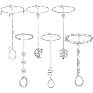 6 pcs Finger Ring Bracelet Linked Rhinestone Hand Harness Chain Slave Bracelet with Ring Everyday Jewelry for Women