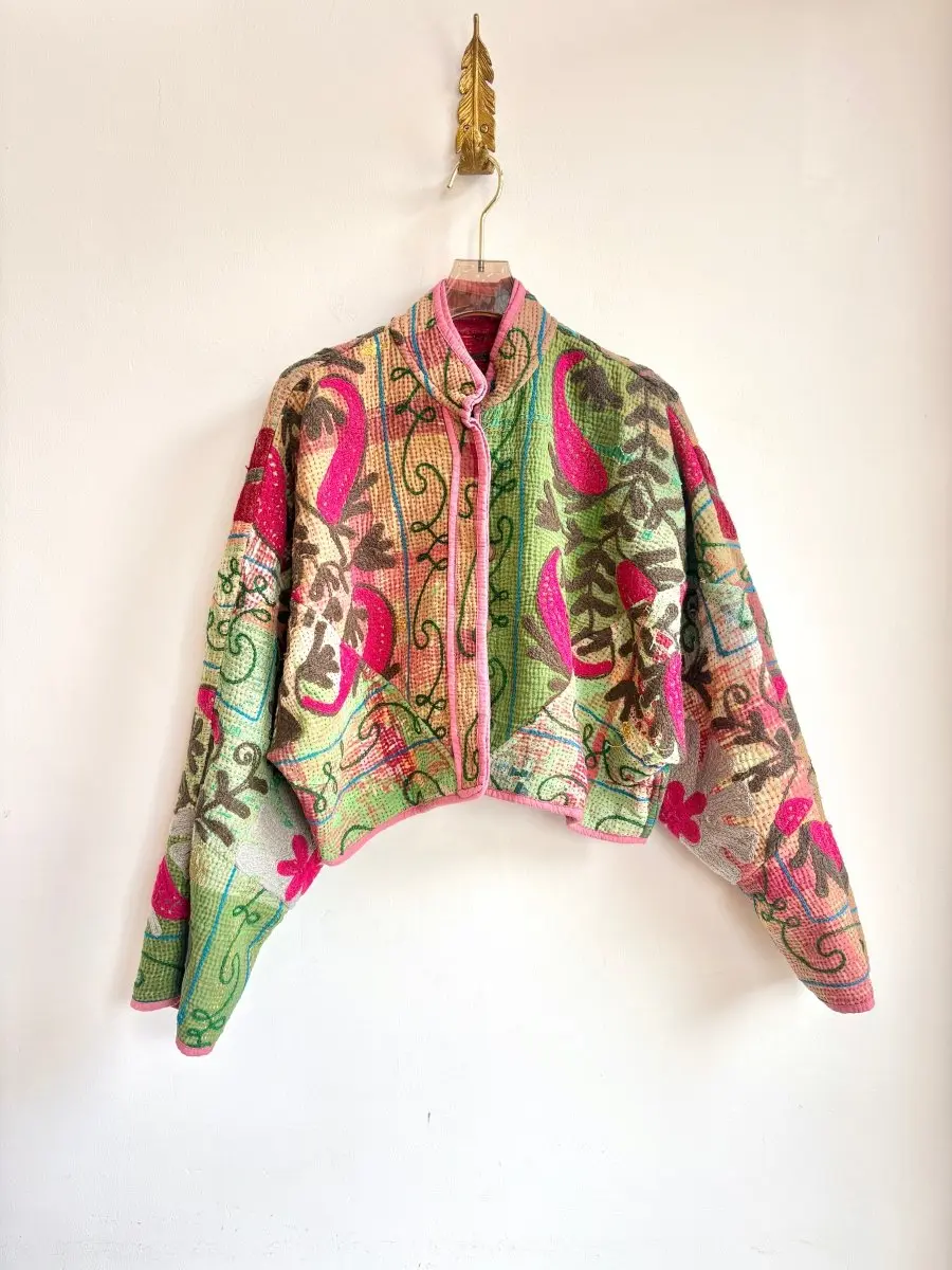 Reversible Suzani Quilted Cropped Jacket in Colors Green, Hot Pink, Truffle, Mauve & Brick Red, Hot Pink, Truffle, Light Pink