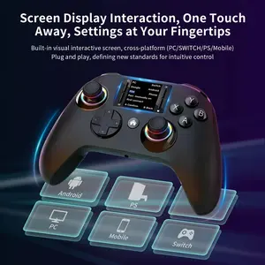 Wireless interactive screen game controller compatible with for PC, PS4, Switch, Android, and iOS devices, featuring 4 programmable buttons, rapid fire function, six-axis gyroscope, dual vibration feedback, and RGB lighting