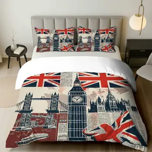3PCS Duvet Cover Set, 1 Duvet+2 Pillowcases(Without filler), British London Iconic Landmark Union Jack Vintage travel theme, Christmas bedding set, Retro Big Ben Sightseeing Suitable for decoration Bedroom Dorm Room Hotel Guestroom.