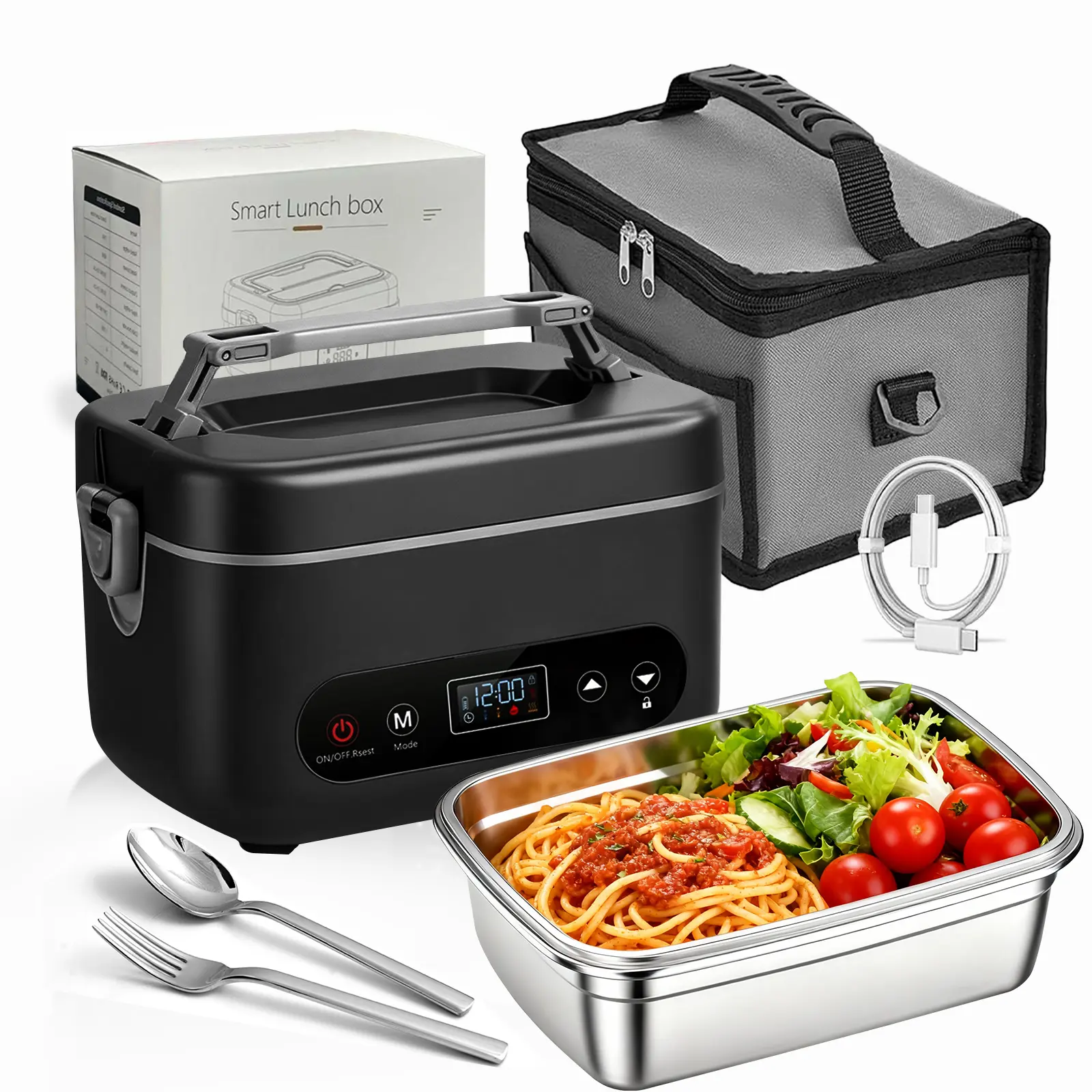 Electric Cordless Heated Leak-Proof Lunchbox - 12000mAh Battery, Silicone Thermal Lid, Stainless Steel Container Set, Timer, Nontoxic Food-Grade, Fork-Included Tableware, Even Heat Distribution, Portable Food Warmer for Busy Moms, Adults, Travel, Lunch Bo