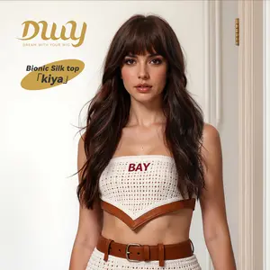 Kiya -DWY New Technology! Bionic Silk Top Sunkiss Highlights Brown 24-Inch Long Wave Glueless Synthetic Wig with Bangs for Women High-Quality Premium Fiber Easy Wear Comfortable Fit Straight Layered Wigs Convenient Wigs Handmade Wig Kinky Curly Wig