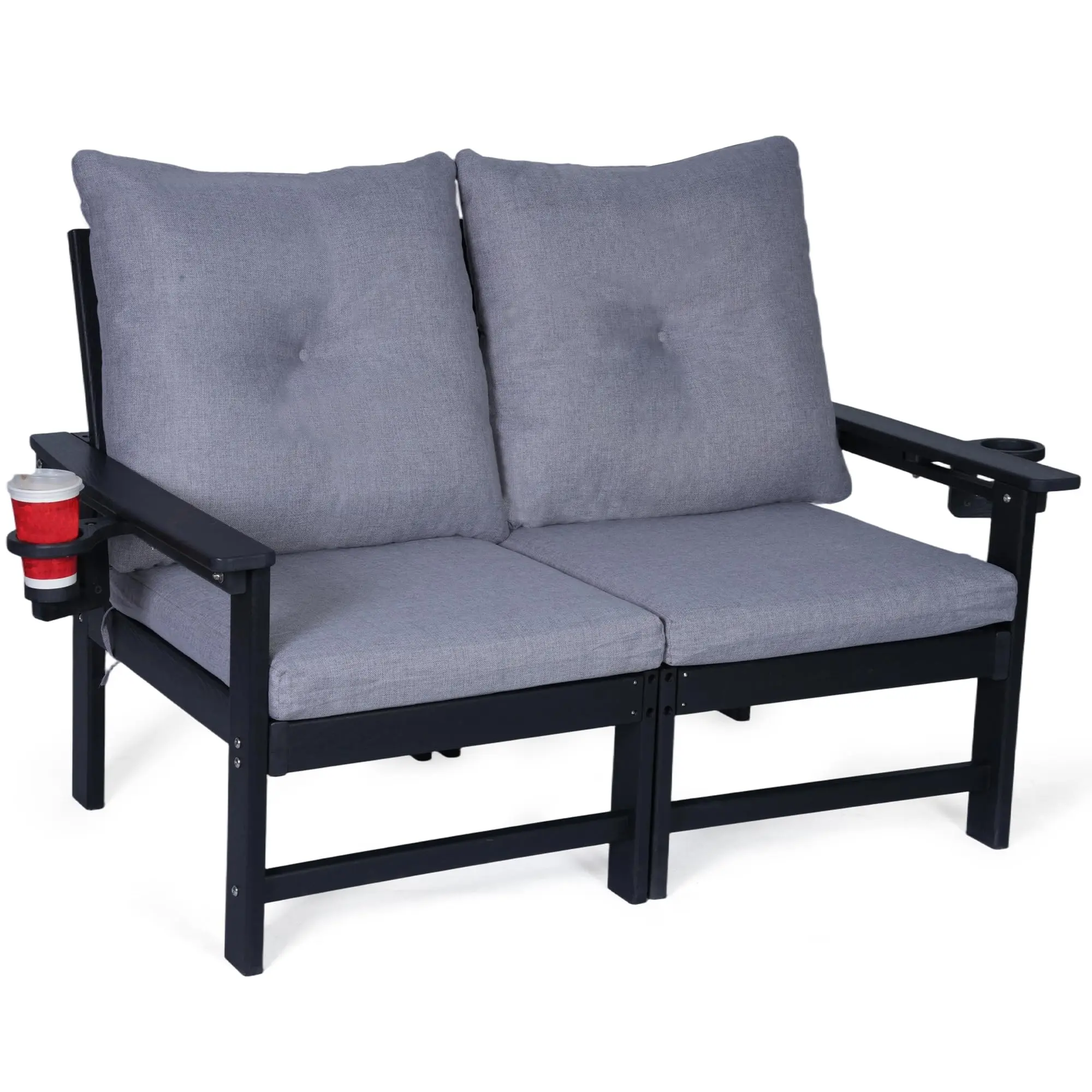 Jonpony Outdoor Loveseat Sofa, HDPE Patio Couch with Cup Holeder & Thick Gray Cushions, Deep Seating Sofa for Garden, Deck, Front Porch