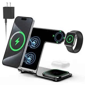 3-in-1 wireless charging station for iPhone 15/14/13/12/11/X/8 (not for Mini), Apple Watch, and AirPods 2/3/Pro/Pro 2. Metal design, compact and efficient. Grey color.