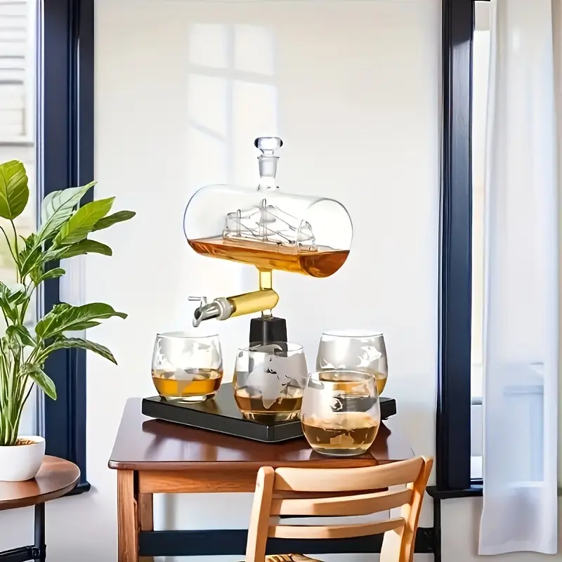 Crystal Globe & Sailboat Design Bar Set - Home Organizer Storage Barware with Frame, 1x44oz Whiskey Decanter, 4x10oz Globe Glasses, 1xWooden Frame - For Family Bars, Bourbon Enthusiasts - Unique Birthday Gifts, Includes Frame