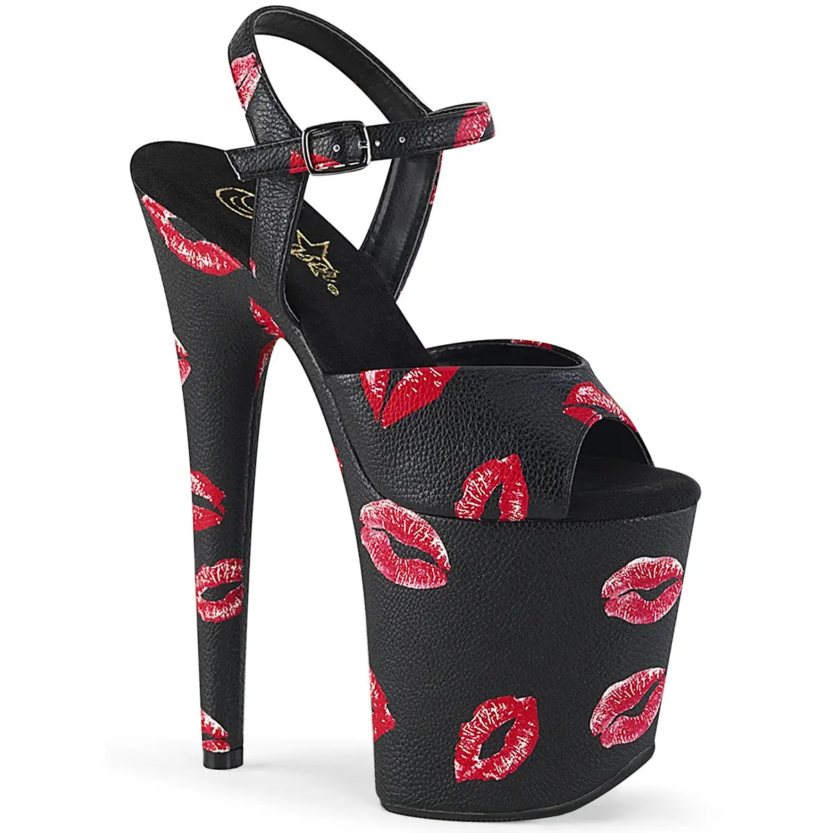 Pleaser Women's Chic Flamingo-809KISSES Lip Print Platform Heels - Black Vegan Leather Ankle Strap Footwear with 8" High Heel, Pleaser Heels