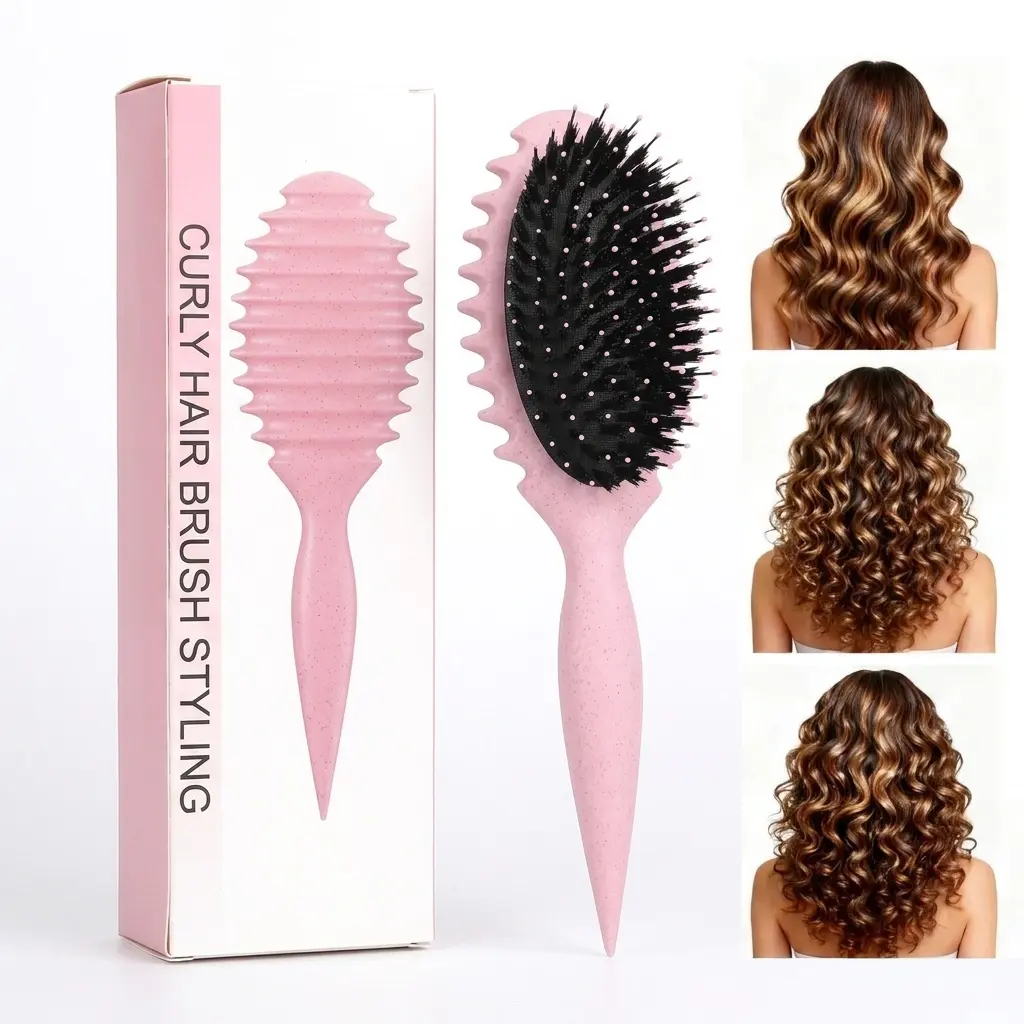 Curl Defining Brush for Curly Wavy Coily Natural Hair, Boar Bristle Hair Styling Detangling Brush, Shapes Smooths Defined Curls Reduces Frizz Breakage, Wet Dry Use Salon Quality Hair Care Tool for Women,Hair Brush