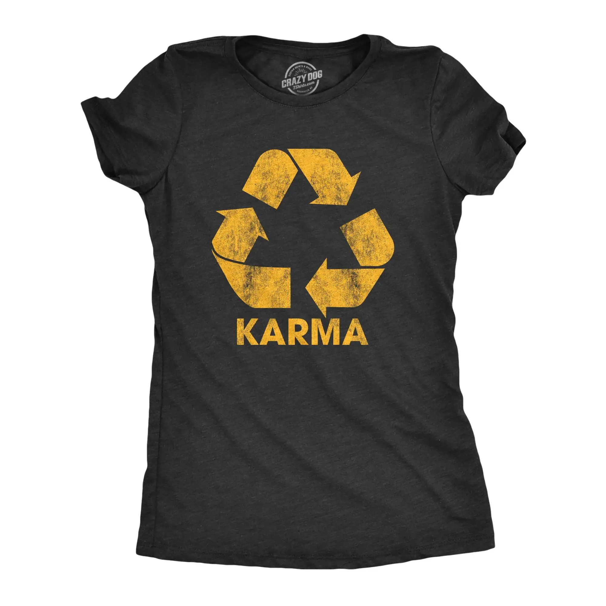 Women's Karma Recycler Short-Sleeve Apparel T-Shirt - Funny Humor-Motivating Positivity Universe Graphic, Cute Vintage Casual Everyday Tee, Full-Color Print Ladies Fashion Gift, Black