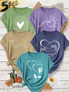 Women's 5-Pack Casual Crew Neck T-Shirt, Heart, Wave & Floral Minimalist Print, Multiple Colors Available, Machine Washable, Spring & Summer Top, Soft Skin-Friendly Fabric, Daily Versatile, Fashion Design, Womenswear