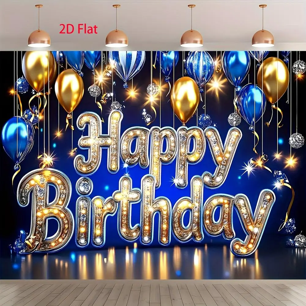 1PC Polyester Reusable 2D Flat Blue Gold Happy Birthday Backdrop Banner - Festive Party Decoration with Shining Lights, Diamond Elements, Wall Decor Photography Curtain for Kids' Events