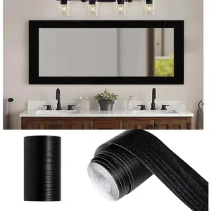 10M Black Wood Grain Self-Adhesive Mirror Frame Border, Removable PVC Waterproof Peel-and-Stick Wallpaper Trim for Bathroom, Kitchen Decor