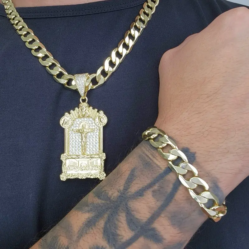 ViOrO 14K Gold Plated 8-10mm Cuban Link Chain with Bracelet and Zircon  Jesus Christ Pendant for Daily Use. Electro Laminated Premium Jewelry Necklace With Bracelet