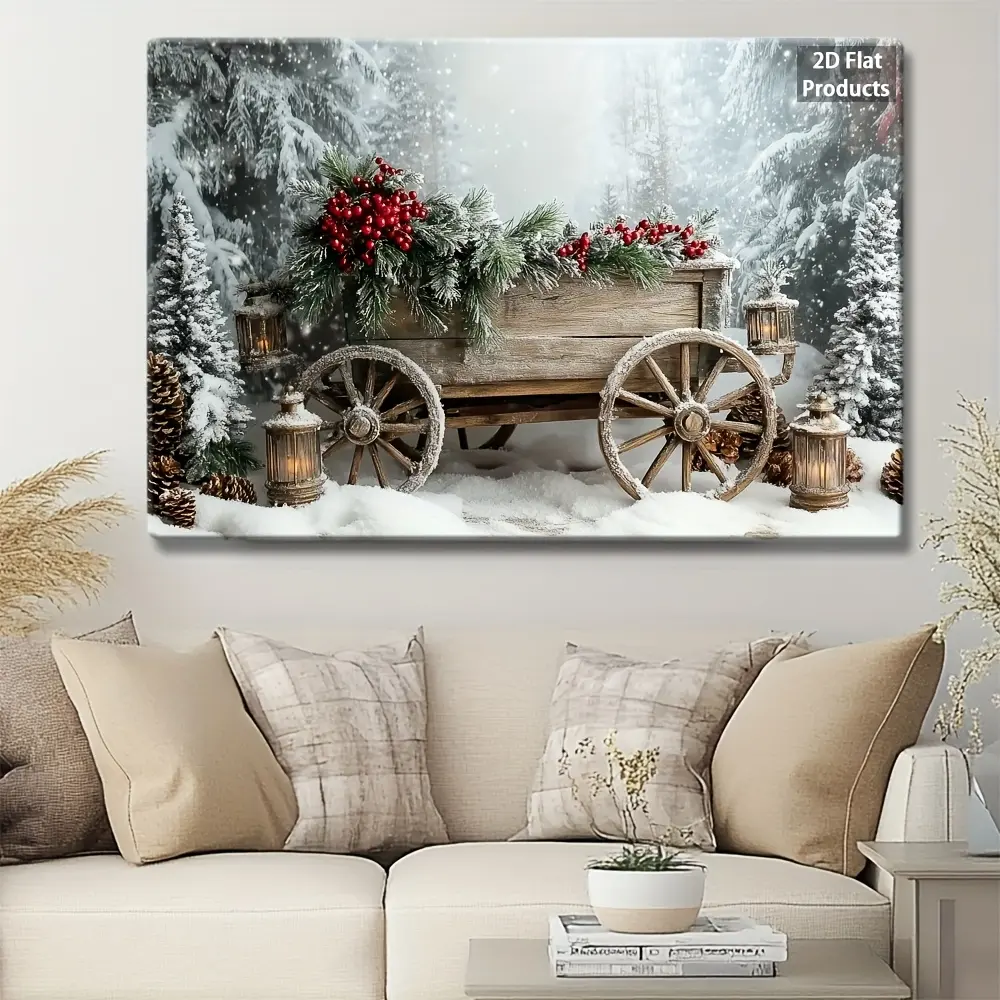 1-Piece Large 2D Flat Winter Snow Scene Hanging Canvas Frame Wall Art Print - Nature Theme, Artistic Country Wooden Carriage, Red Berries, Pine Cones, Easy Install, 7 Sizes (16"x24" Customizable), Farmhouse Retro Indoor/Office Decor, Festival Gift