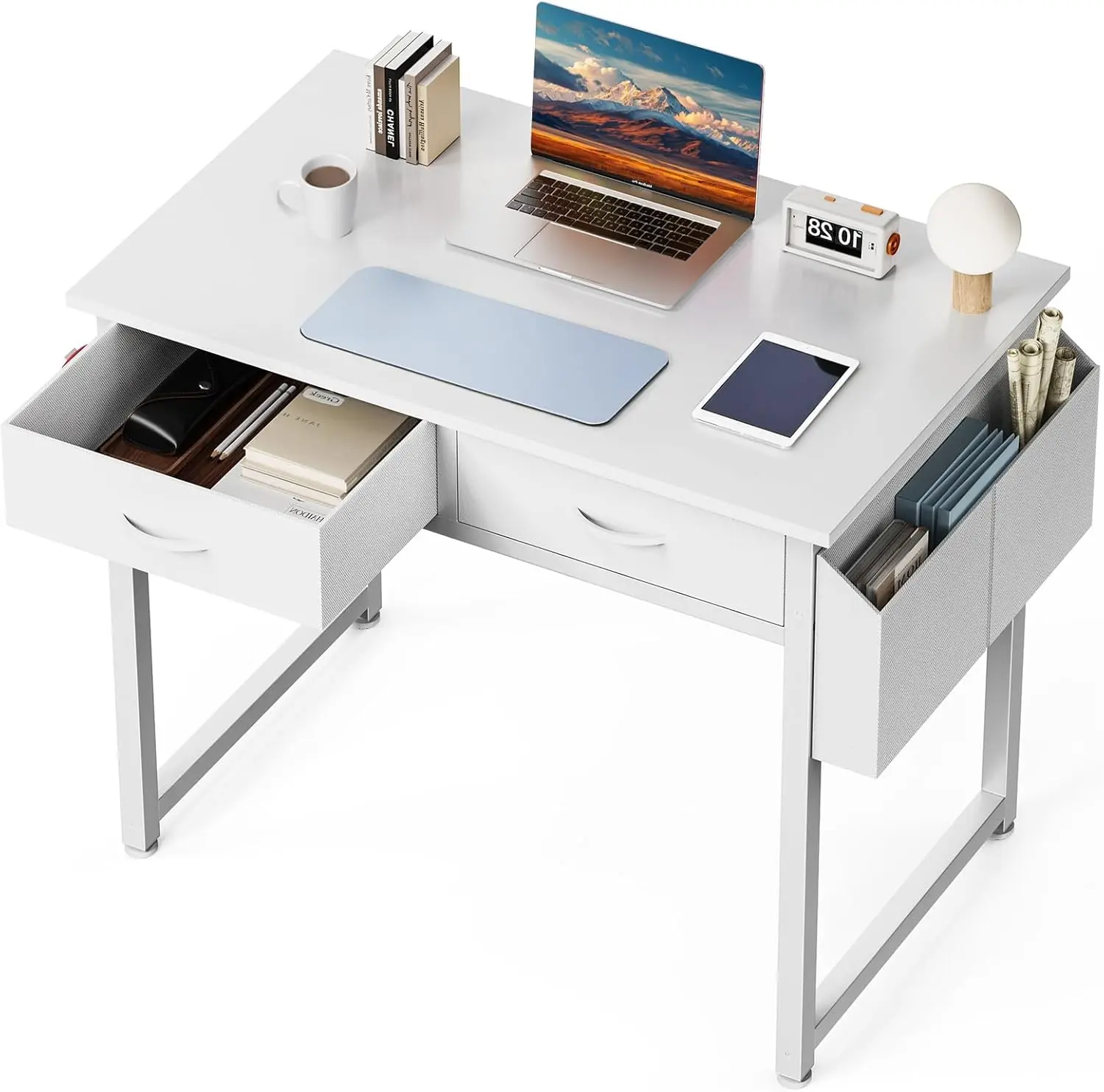 DUMOS 32" Home Office Computer Desk with Drawers, Small Gaming Writing Study Table with Storage Side Bag, Headphone Hook and Adjustable Feet for Bedroom White