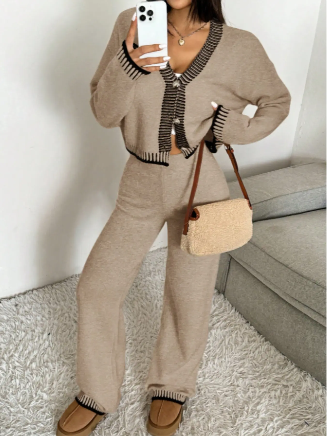 Women's Loose Button Knitted Cardigan Two Piece Set, Striped Printed Patchwork Cozy Cable Knit Crop Sweater and Baggy Pants, Trendy Casual Autumn Daily Wear Knitwear Outfit, Womenswear, Clothes