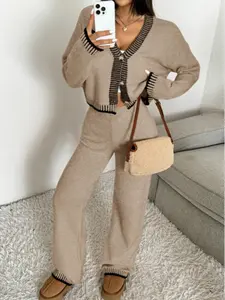 Women's Button Knitted Cardigan Set, Striped Printed Cozy Cable Knit Crop Sweater and Pants, Trendy Autumn Daily Wear