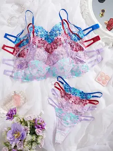 Women's Floral Lace Bra & Panty Set, Sexy Comfy Breathable Elegant Lingerie Set for Daily Wear, Women's Underwear Set for All Seasons
