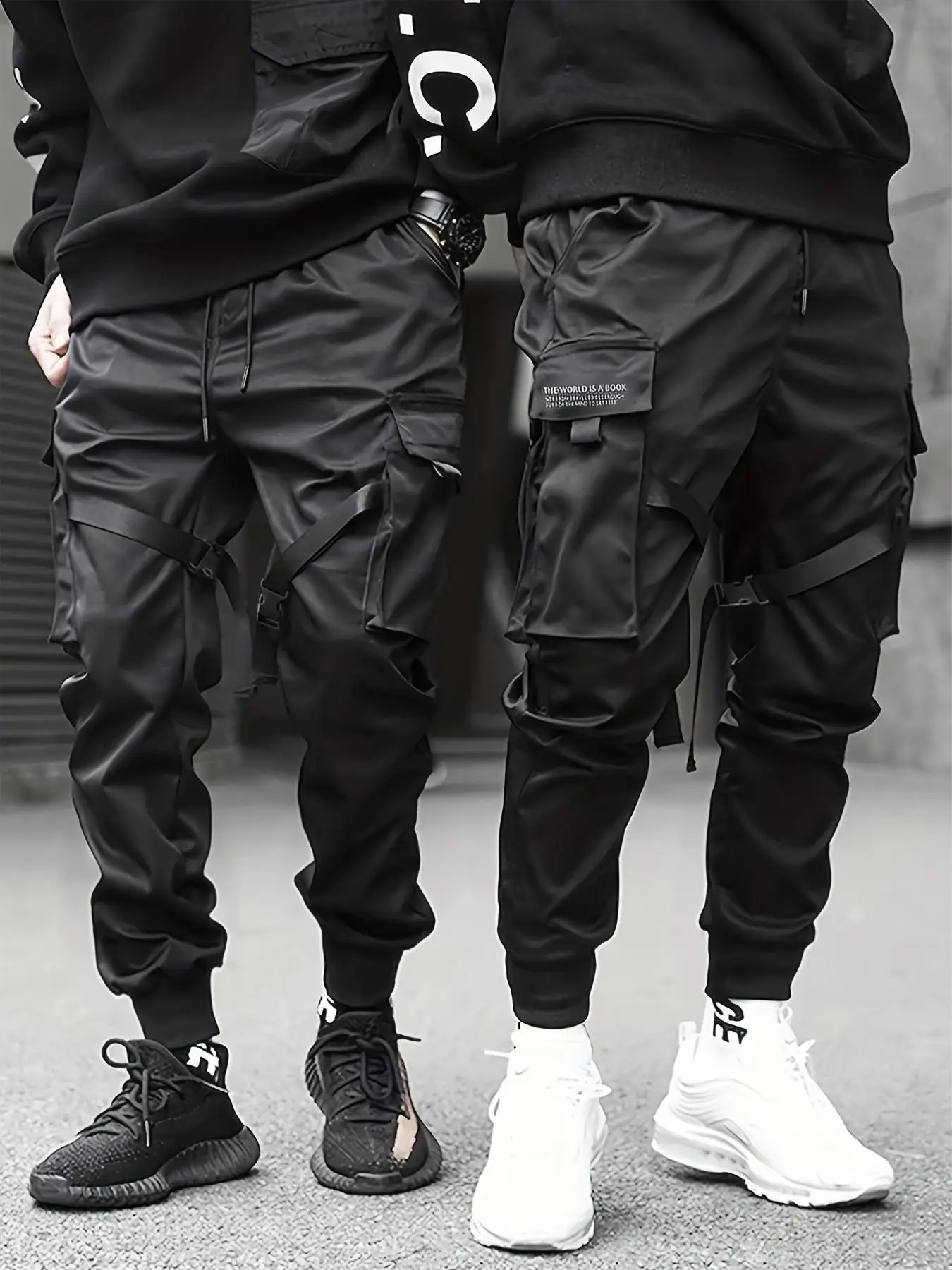 Men's Solid Multi-pocket Cargo Pants, Regular Fit Drawstring Trousers for Daily Outdoor Wear, Trendy Men's Bottoms for Summer Spring Fall, Emo Outfits
