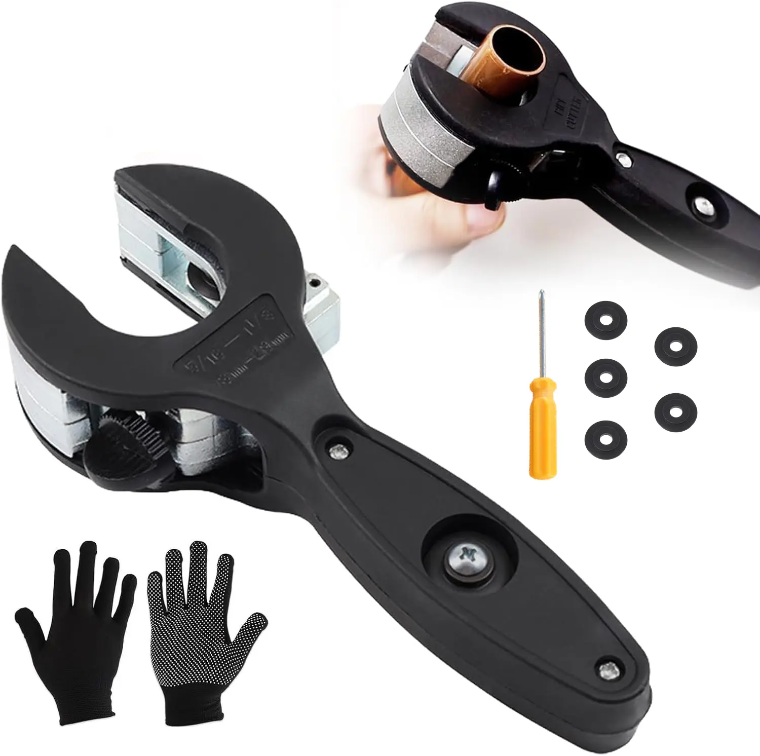 1Set Ratcheting Tubing Cutter Heavy Duty Adjustable Pipe Cutting Tool with Replaceable Alloy Steel Blade for Copper Aluminum Iron Stainless Steel Conduit Plumbing HVAC Work (Black, 5/16" to 1-1/8")
