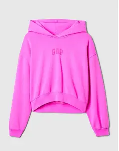 GAP VintageSoft Crop Logo Hoodie - Soft Cotton Blend Fleece, Long Sleeves, Banded Cuffs, Neon Pink Style, Medium Size